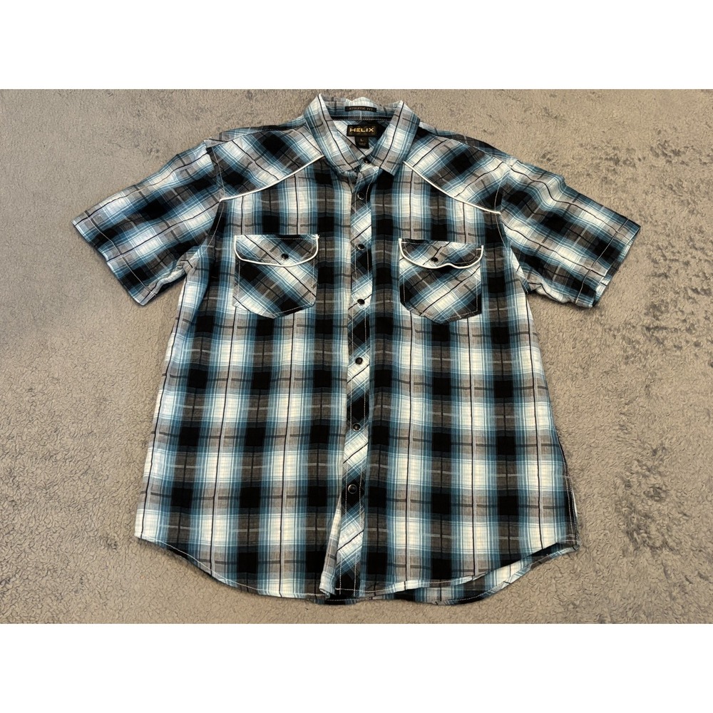 Helix Athletic Fit Short Sleeve Button Up Shirt Mens Large Blue Plaid Pearl Snap